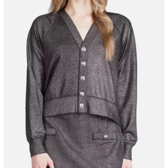 Michael by Michael Kors Metallic Grey Shimmery Button Up Sweater - Picture 3 of 9